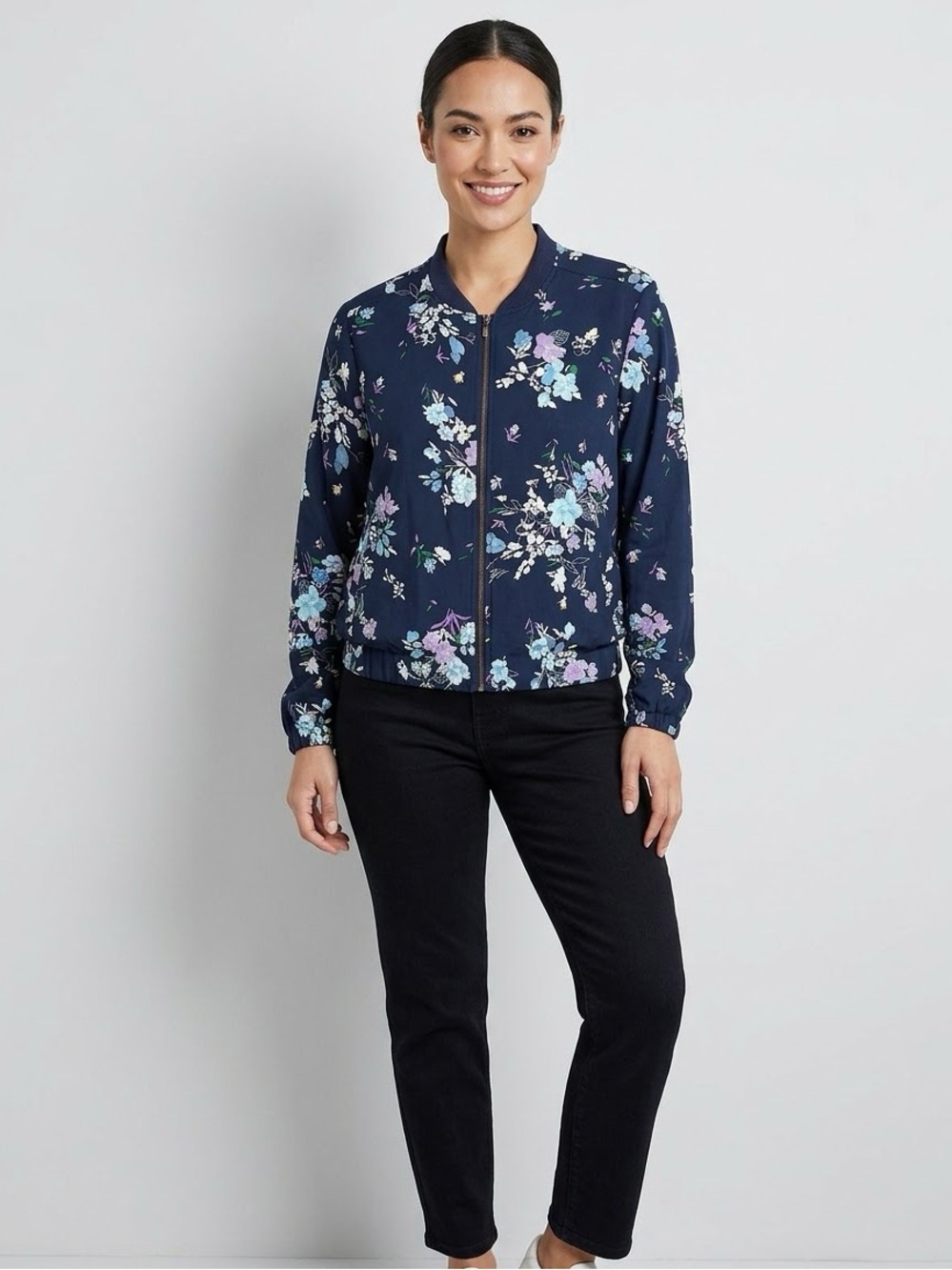 Women’s Navy Floral Zip Up Bomber Jacket